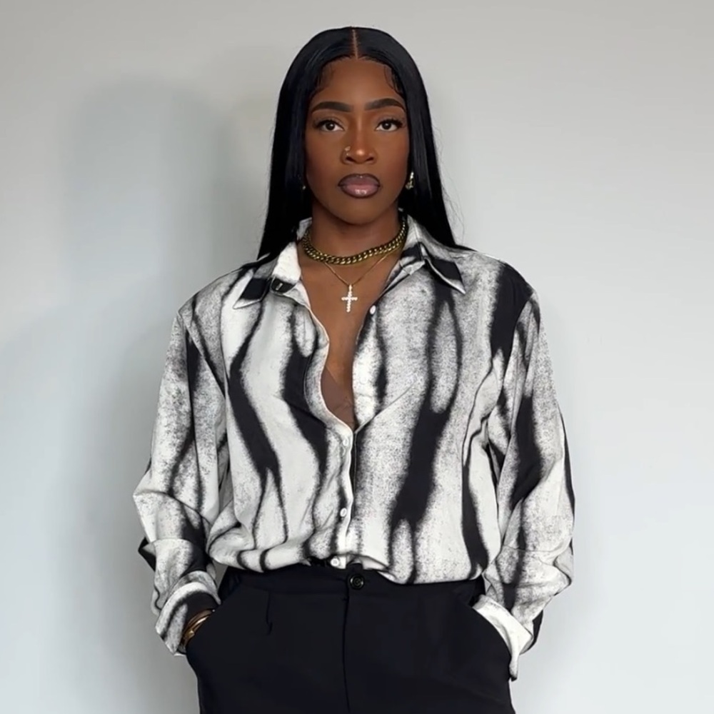 Tie-Dye Oversized Button-Down Shirt in Black and Cream - Picture 6 of 6